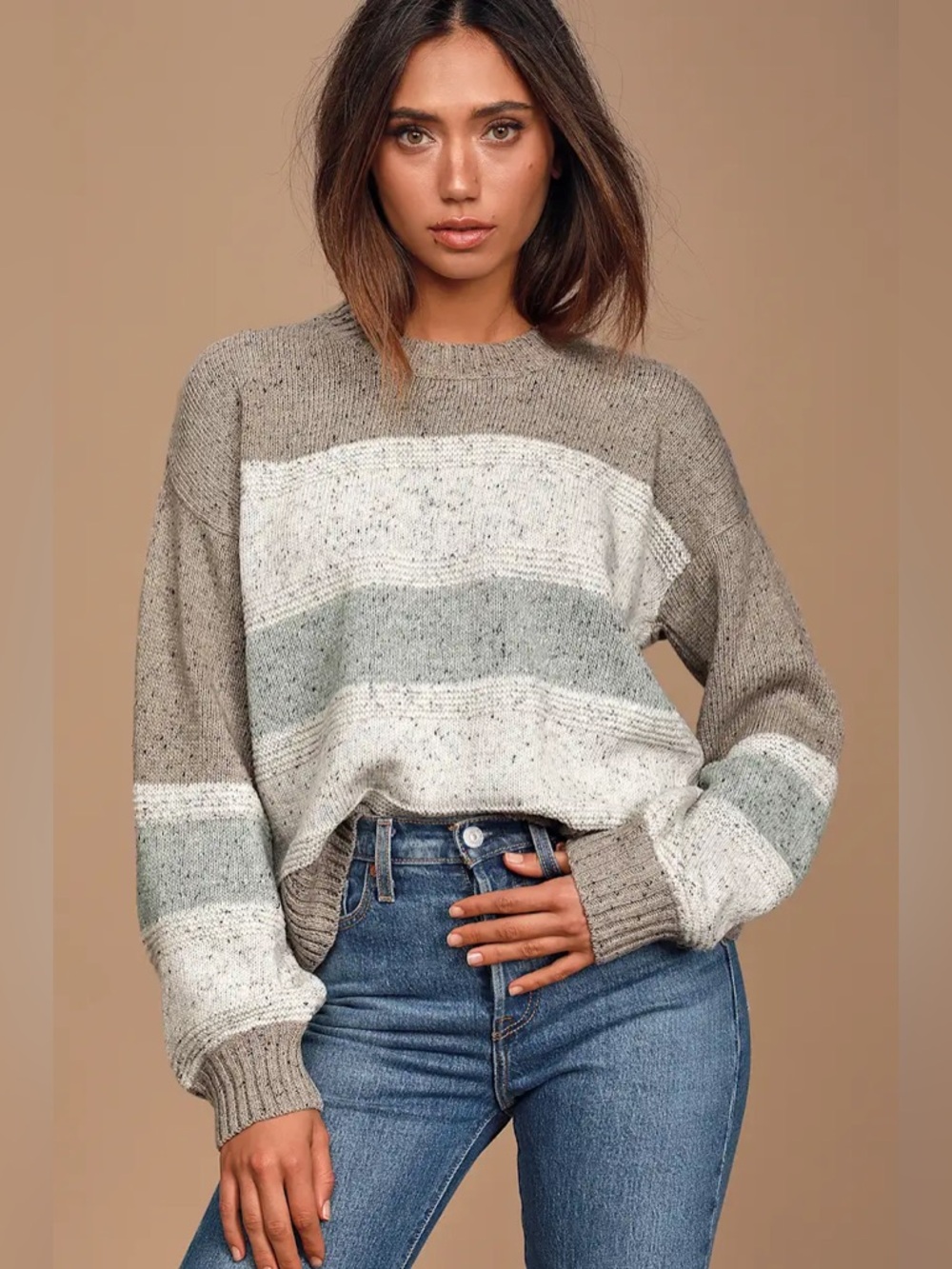 Lulu’s Snuggle Season Grey Multi Striped Balloon Sleeve Sweater